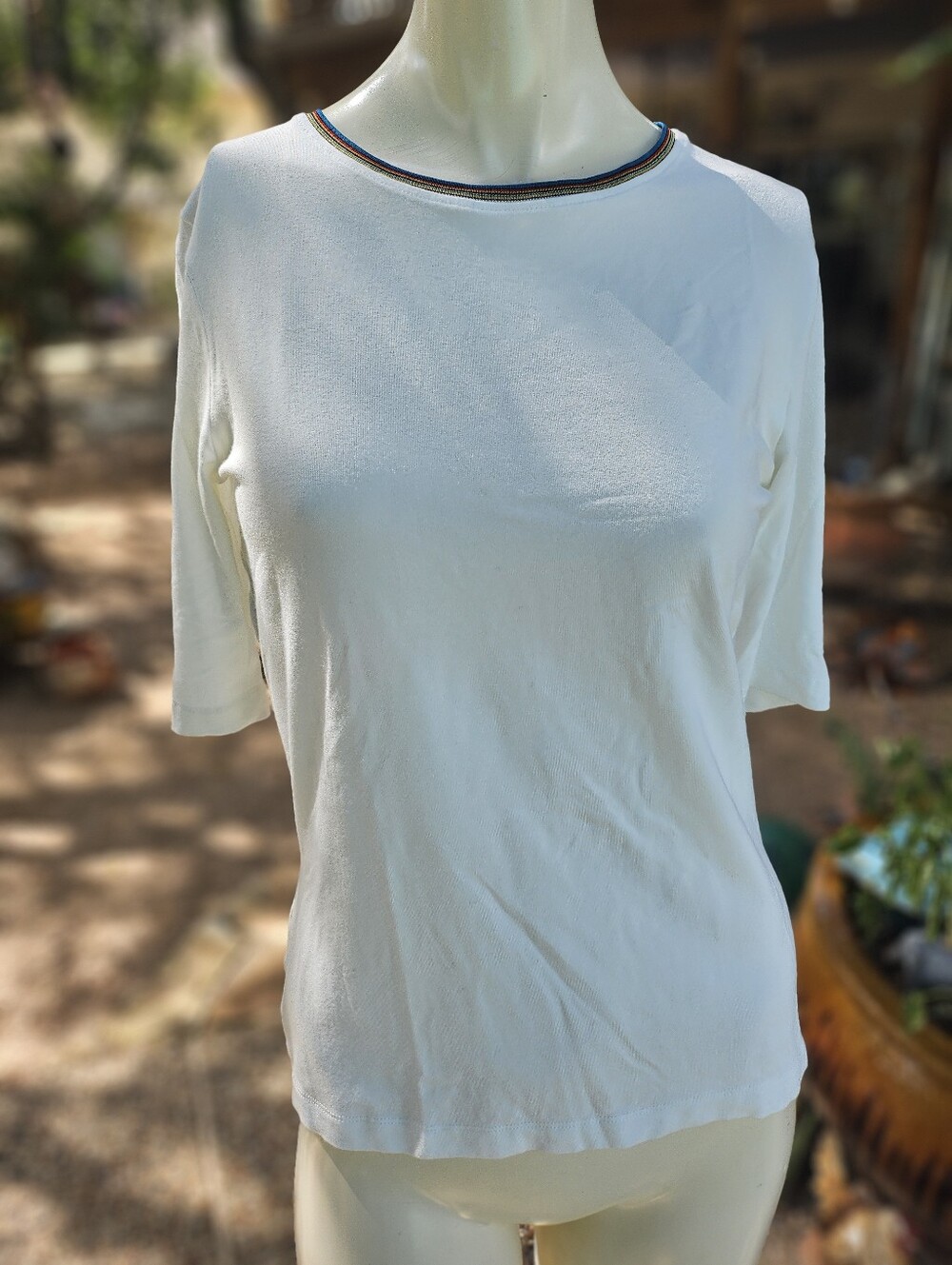 Paul Smith Classic White Cotton  Spandex Short-Sleeve Knit T-Shirt Stripe Neck S